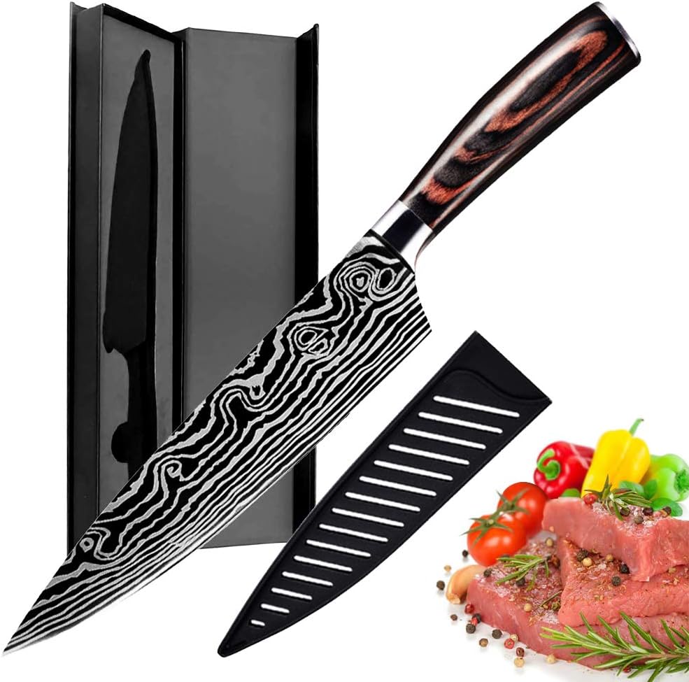 Damasukasu Japanese Chef Knife - ZUOLUO Handmade Sharp Kitchen Knife, 8-inch Chef knives Gifts for Kitchen Multifunctional Santoku Knife with Pakka Wood Handle, Sharp Knife for Cutting Meat, Gift Box
