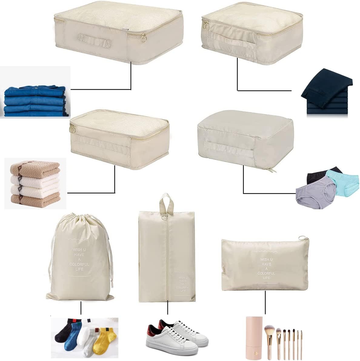 Travel organizer 7 in 1 Packing Cube For Travel Space Saver Laundry Cosmetics Luggage makeup Bag Organizers Set with Shoe Bag for travel (Beige)