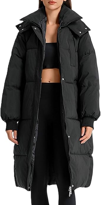 Oversized Long Puffer Jacket Women Trendy Hooded Zip Up Padded Down Coat Winter Warm Thickened Outerwear with Pockets