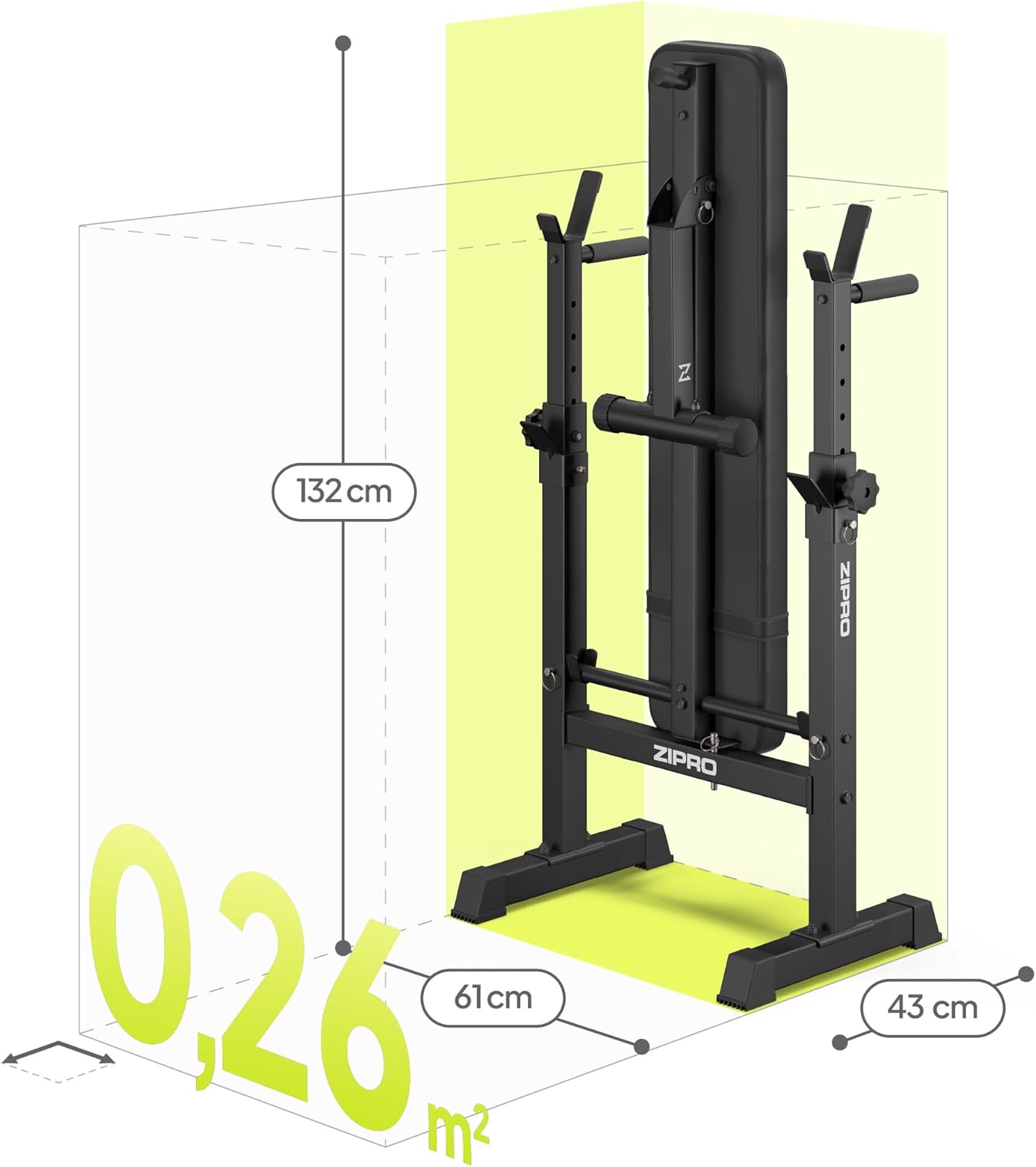 Diagram showing the folded dimensions of the ZIPRO weight bench