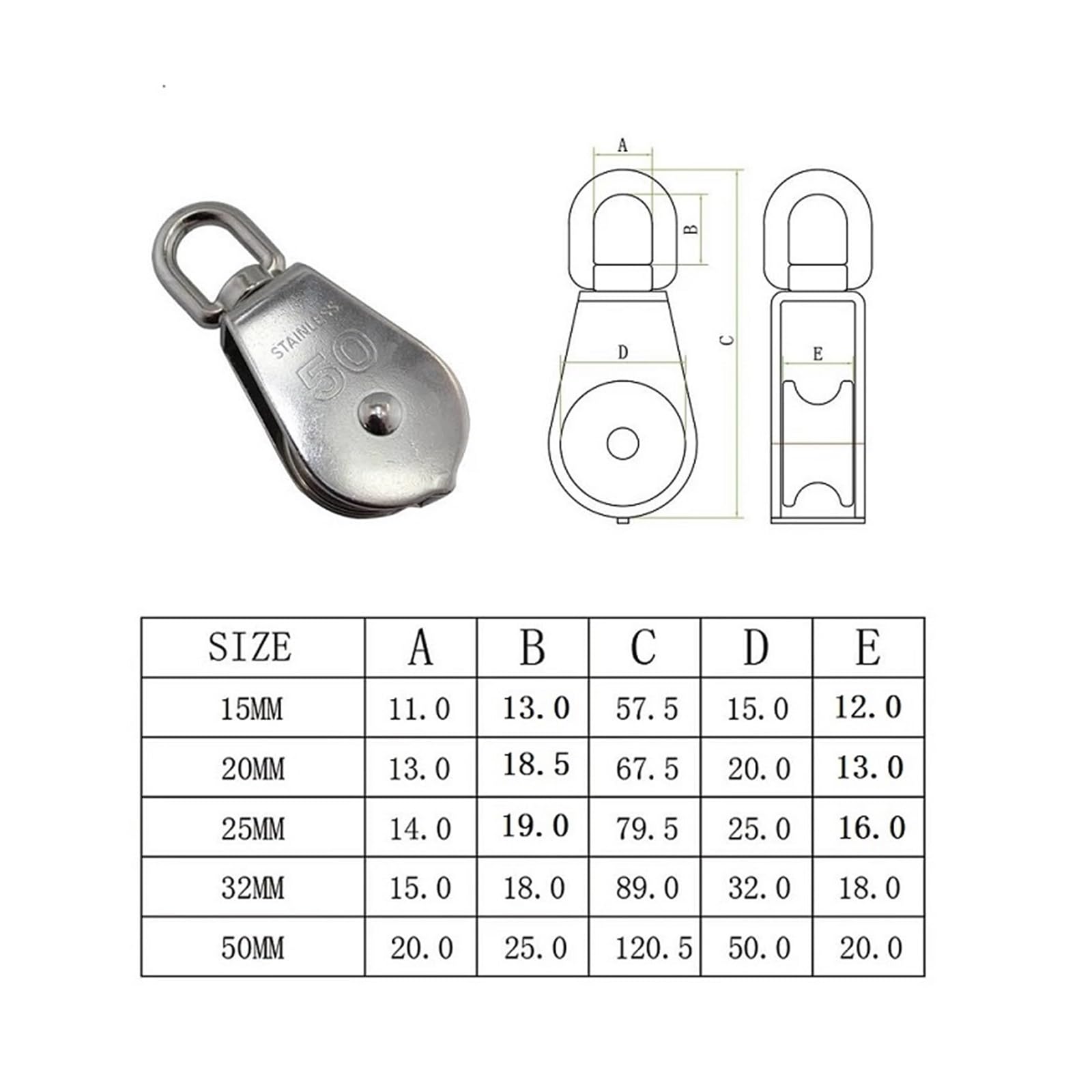 5PCS Stainless Steel 304 Single Sheave Swivel Eye Rope Pulley 15mm 20mm 25mm 32mm 50mm Rigging Hardware Lifting Swivel Pulley(15mm)