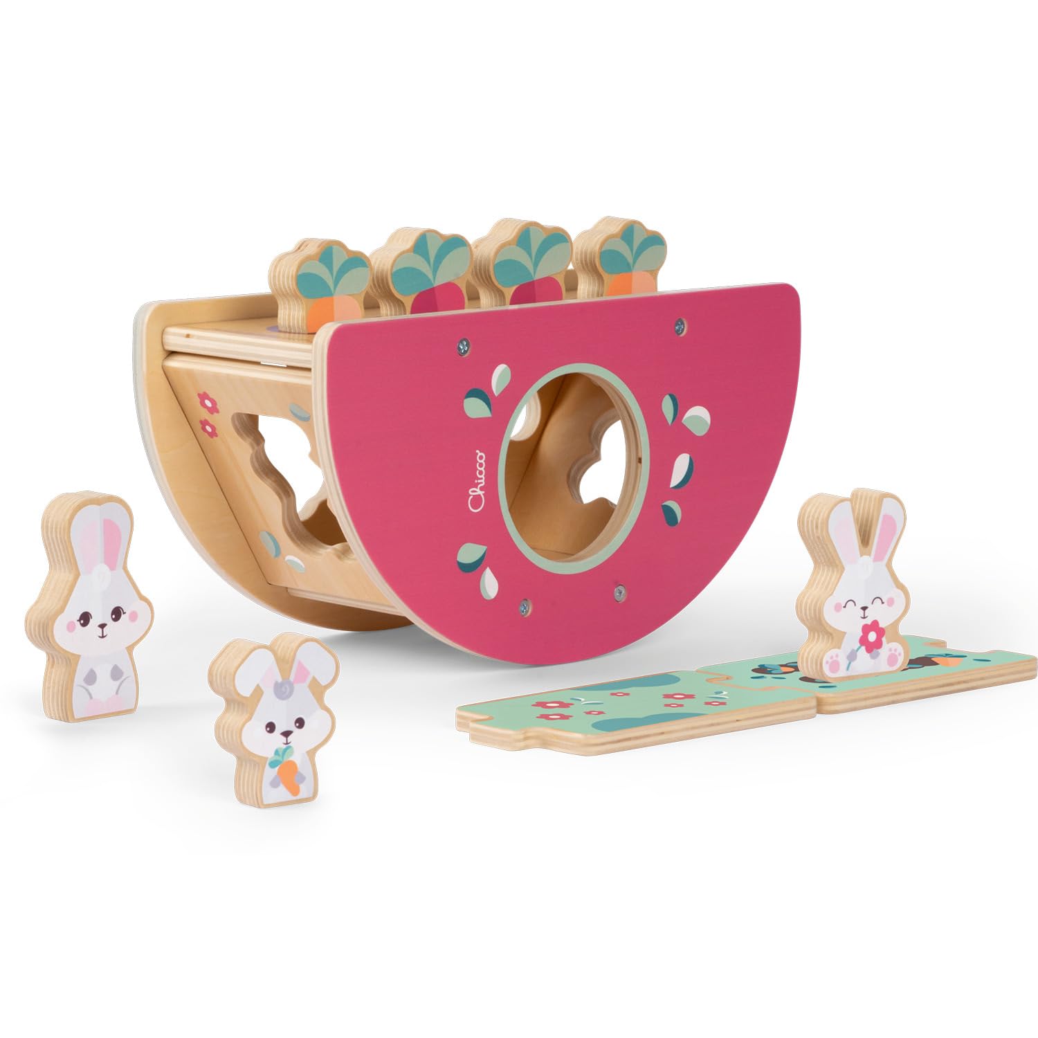 Chicco Collina dei Coniglietti, Gioco in Legno per Bambini, 2+ Anni, Ispirato al Metodo Montessori, Playset 2in1 Centro Forme-Incastri e attività di Equilibrio, 3 Personaggi, 4 ortaggi, 2 pz Puzzle