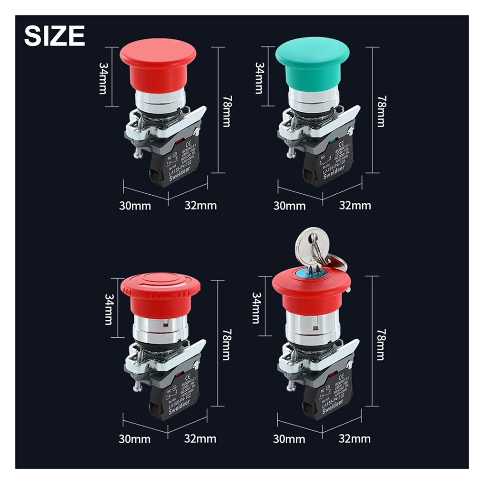 XB4 22mm cabeza de seta interruptor de botón de parada de emergencia 10A llave de parada de emergencia interruptor de botón de encendido 1NC 1NO interruptor de arranque rojo verde(Green Mushroom 1NO)