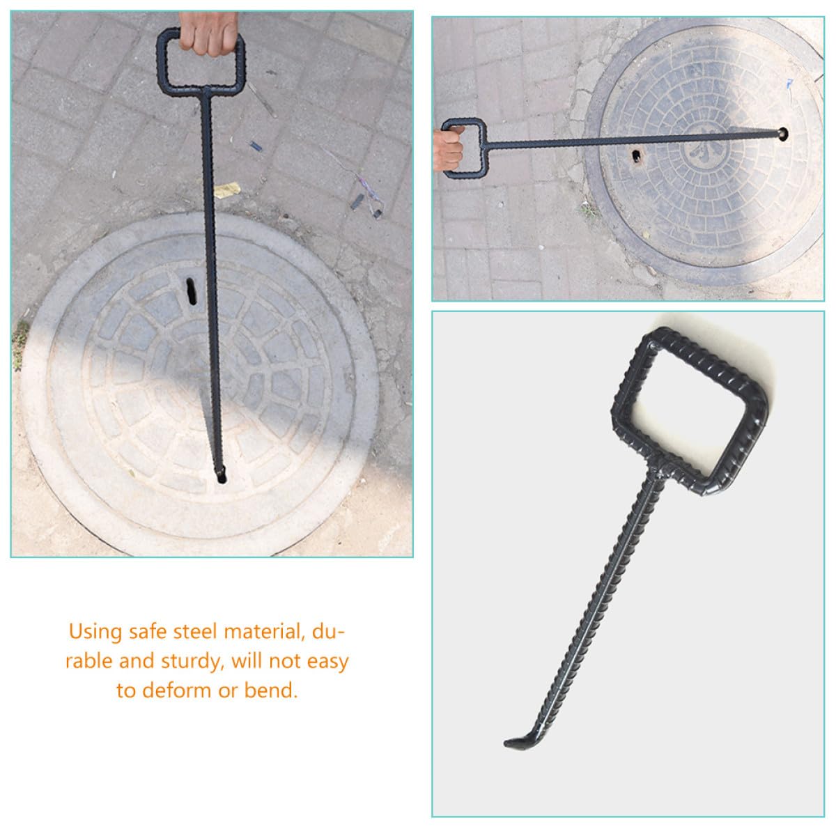 Gancio di sollevamento in acciaio da 42 cm, manico rettangolare cavo da 16 mm, strumento resistente per sollevamento di chiusini, uso esterno sicuro, attrezzatura per manutenzione urbana