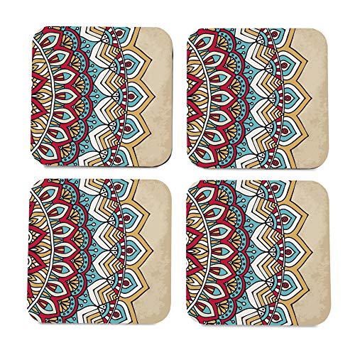 Image of Wooden Coaster Set with Gift Box | Mandala Vintage 2 Design | Set of 4 Tabletop Square Coasters 3.75 inch x 3.75 inch | Kitchen Table Wooden Decorative Items | for Cups, Mugs, Cans, Glasses