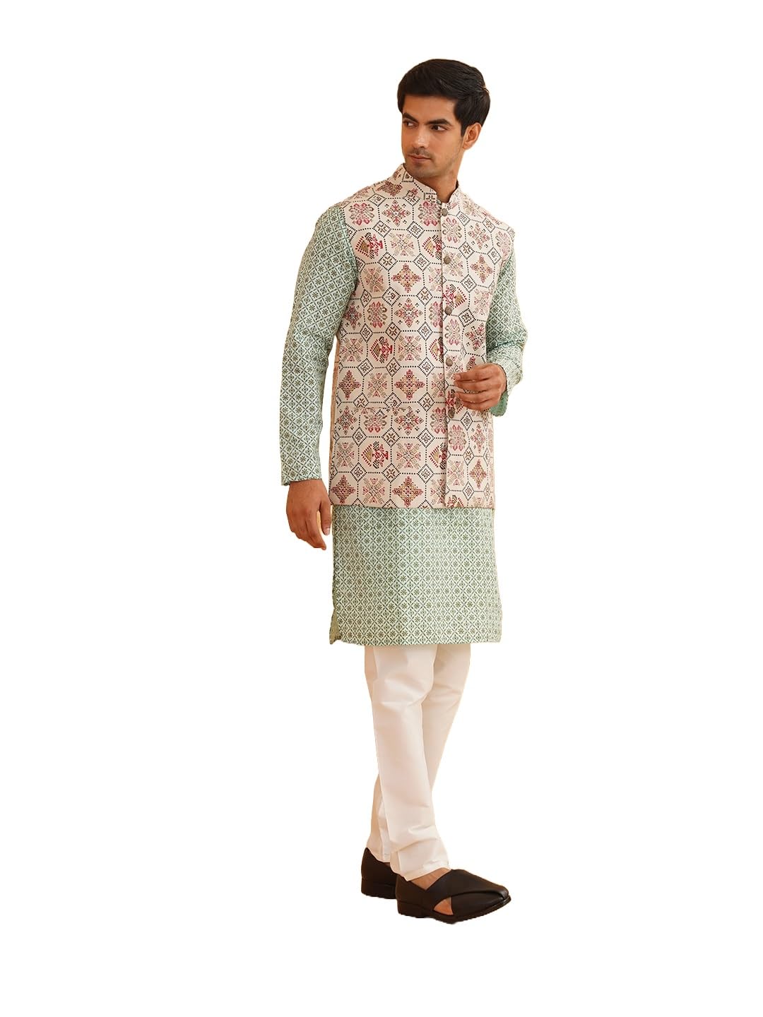 Sojanya (Since 1958 Men's Cotton Linen Sea Green Kurta And White Pyjama With Cream Cotton Nehru Jacket