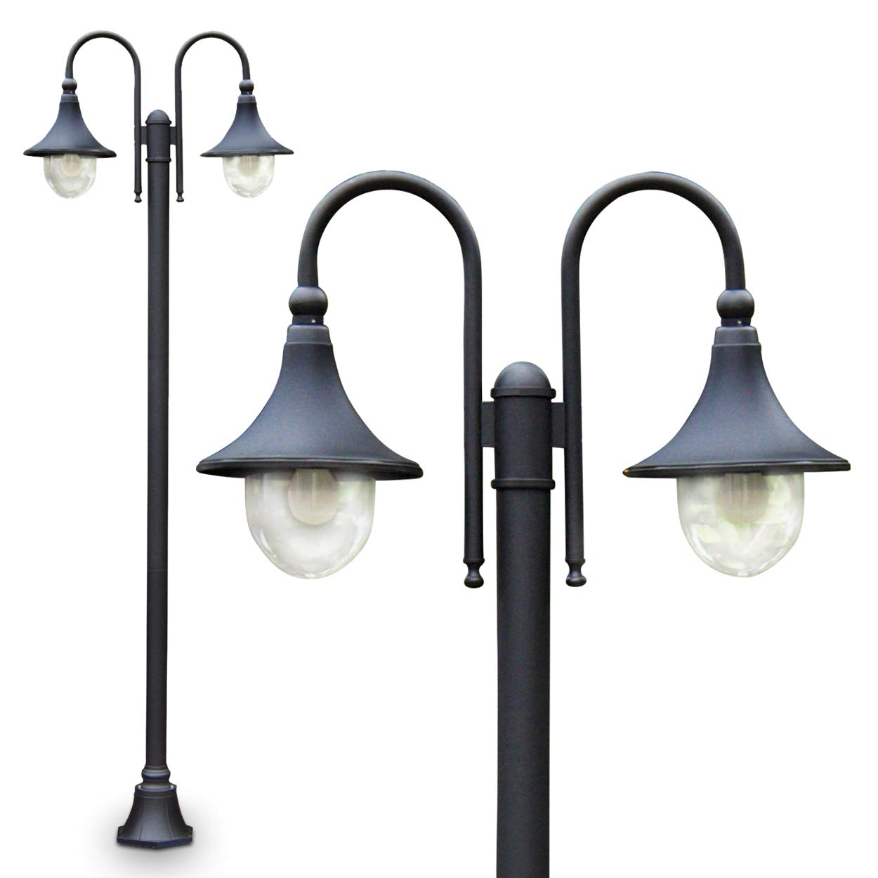 hofstein Outdoor lamp Elgin, Candelabra in Antique Look, Metal in matt Black, with Plastic lampshades, 2-arm Path Light 225 cm, Retro/Vintage Garden lamp, E27 Socket, IP44, Without Bulbs