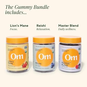 OM MUSHROOM SUPERFOOD Mushroom Gummies Variety Pack Lions Mane Focus, Reishi Relax & Master Blend Multivitamin Supports Brain, Mood, Immune & Overall Wellness 3 Pack, 40 Count Each.