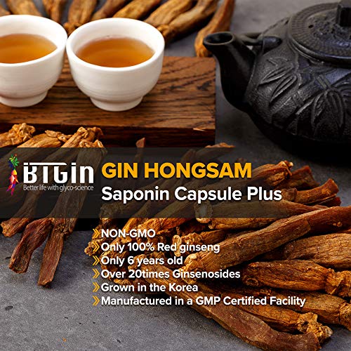 Btgin Ginseng | Ginseng Capsules [Gin Hongsam] Korean Ginseng Supplement For Vitality, Antioxidant, Supports Focus Energy & Endurance | Non-Gmo, Gluten Free, Laboratory Tests 60 Vegan Capsules #TOP1