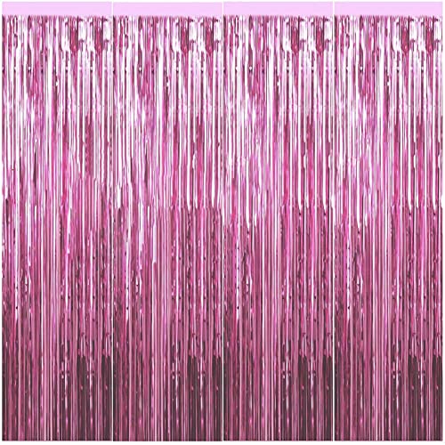 Diko 4 Stück Lametta Vorhang, Tinsel Folie Vorhang, Folienfransen Vorhang, Dekovorhang Vorhänge, Glitzer Tinsel Curtain für Weihnachtsbaum Geburtstage Festivals Party ​Bühnendekor (Hell-Pink) Cover