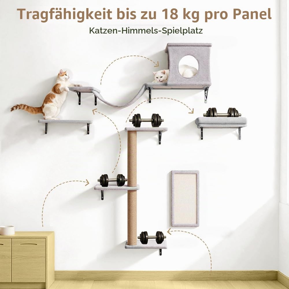 PawGiant 5-in-1 Kletterwand Katzen Set, Stabiles Holz Katzen Wandelemente mit Kratzbaum Wand, Kratzbrett, Katzenhöhle, Hängebrücke und Ruhe, bis 18 kg, Hellgrau