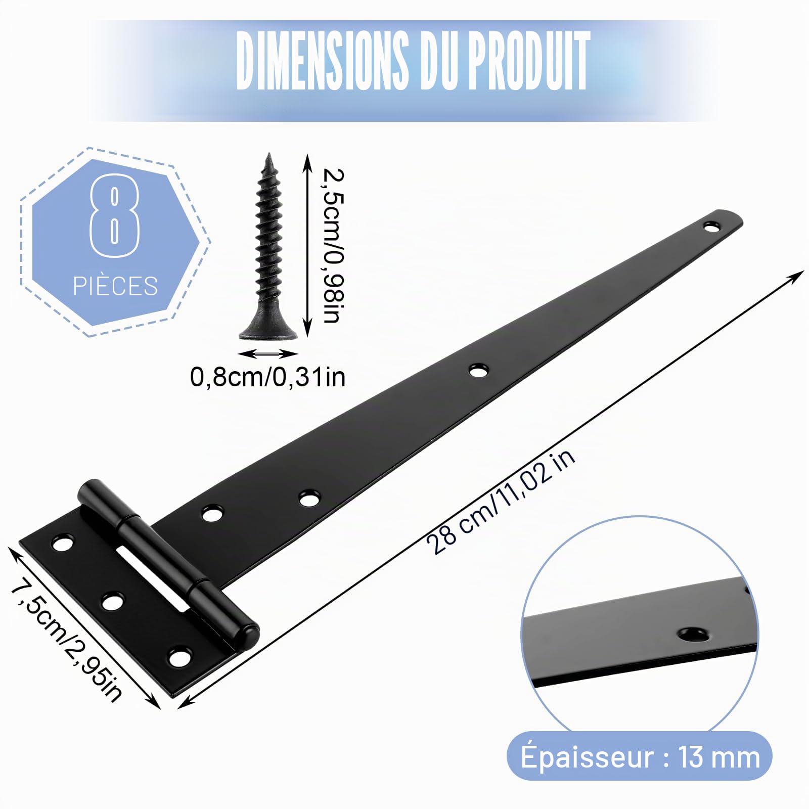 8pcs 25cm Charnières de Porte en T, Charniere Porte Lourde en Métal Galvanisé, Charnières en T Noir 10 Pouces avec Vis pour Portes de Hangar, Portes de Jardin, Fenêtres