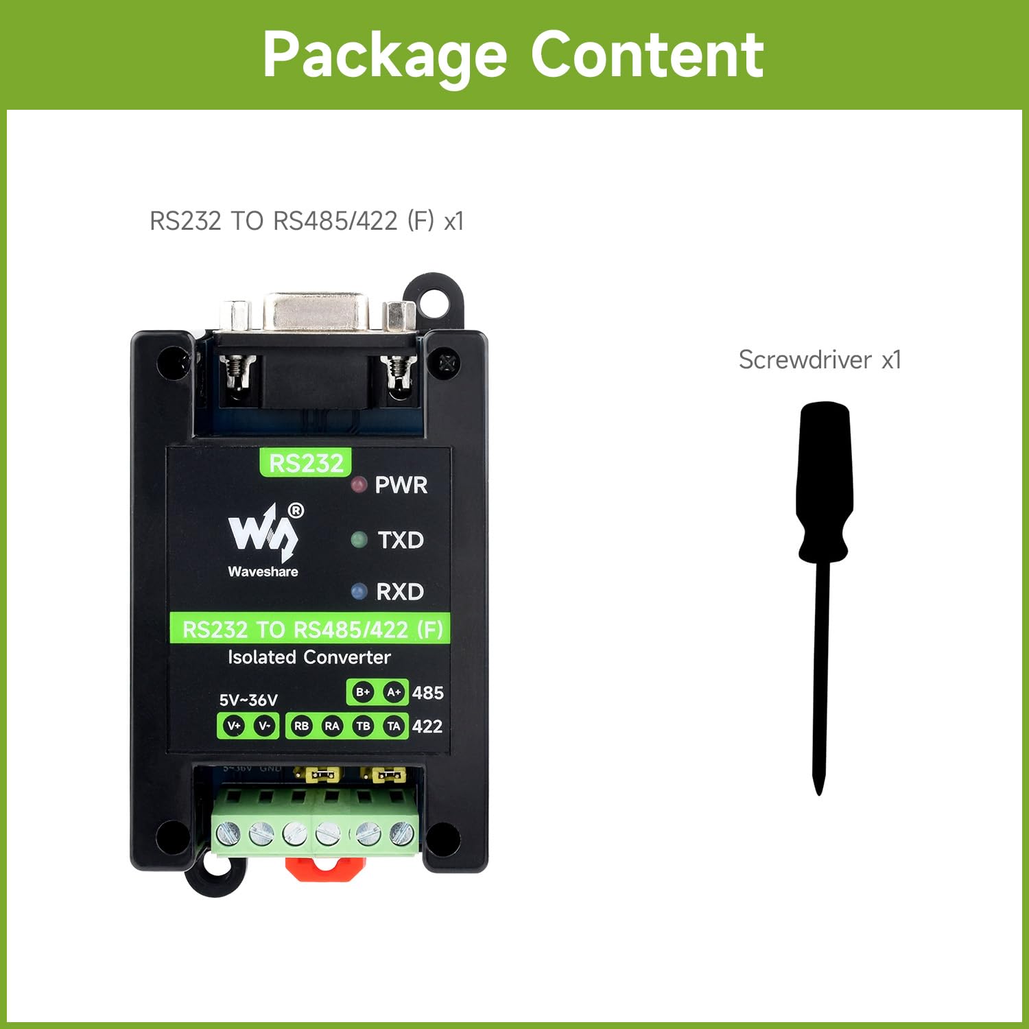 Waveshare RS232 To RS485/422 Active Digital Isolated Converter, Onboard SP3232EEN&SP485EEN Chip, RS232 DB9 Female Port, for Industrial Control Equipment&High Communication Requirement Application