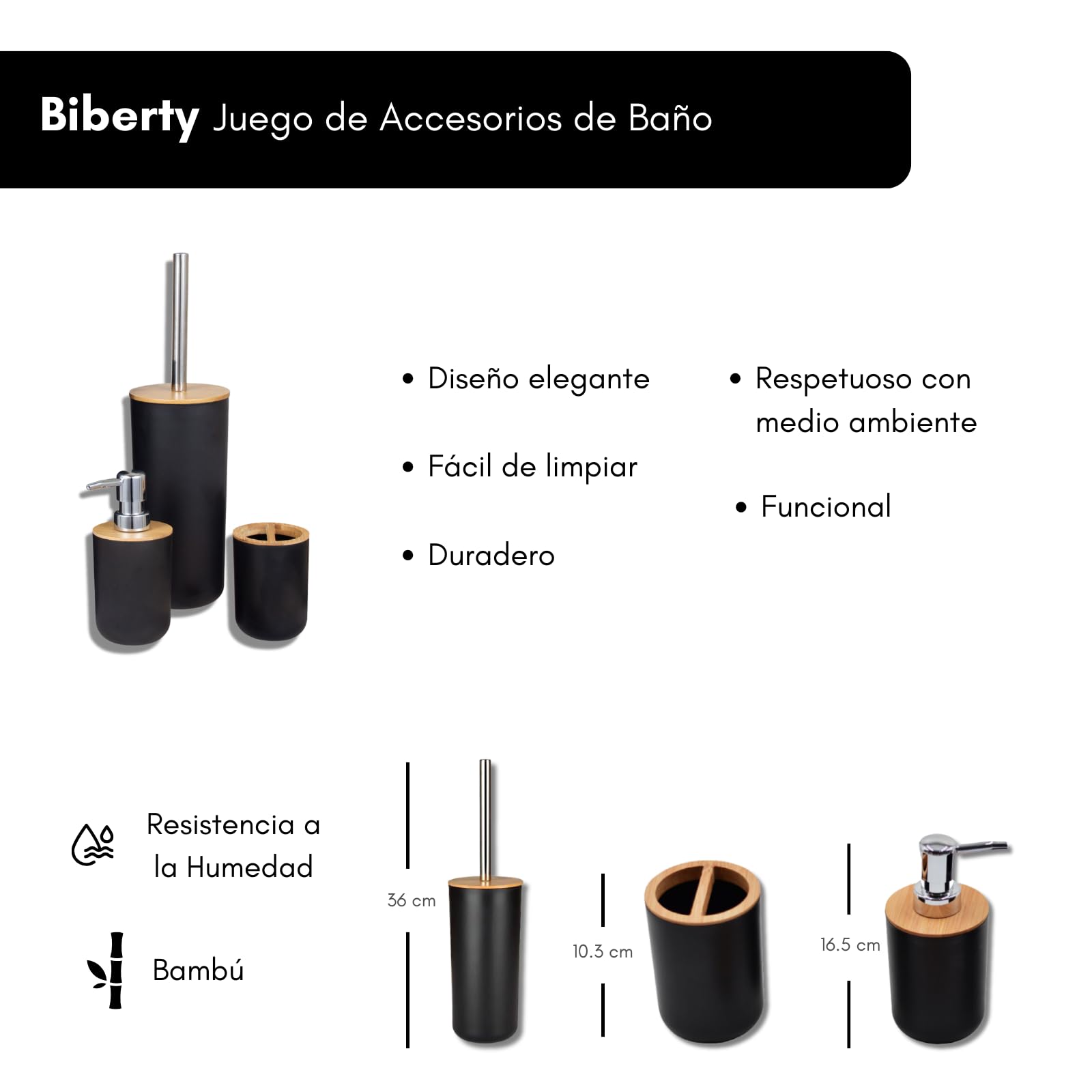Juego Accesorios baño Negro y bambú, Incluye dispensador jabón, escobilla de baño y Porta Cepillo de Dientes - Kit Completo de 3 Piezas sin Taladro