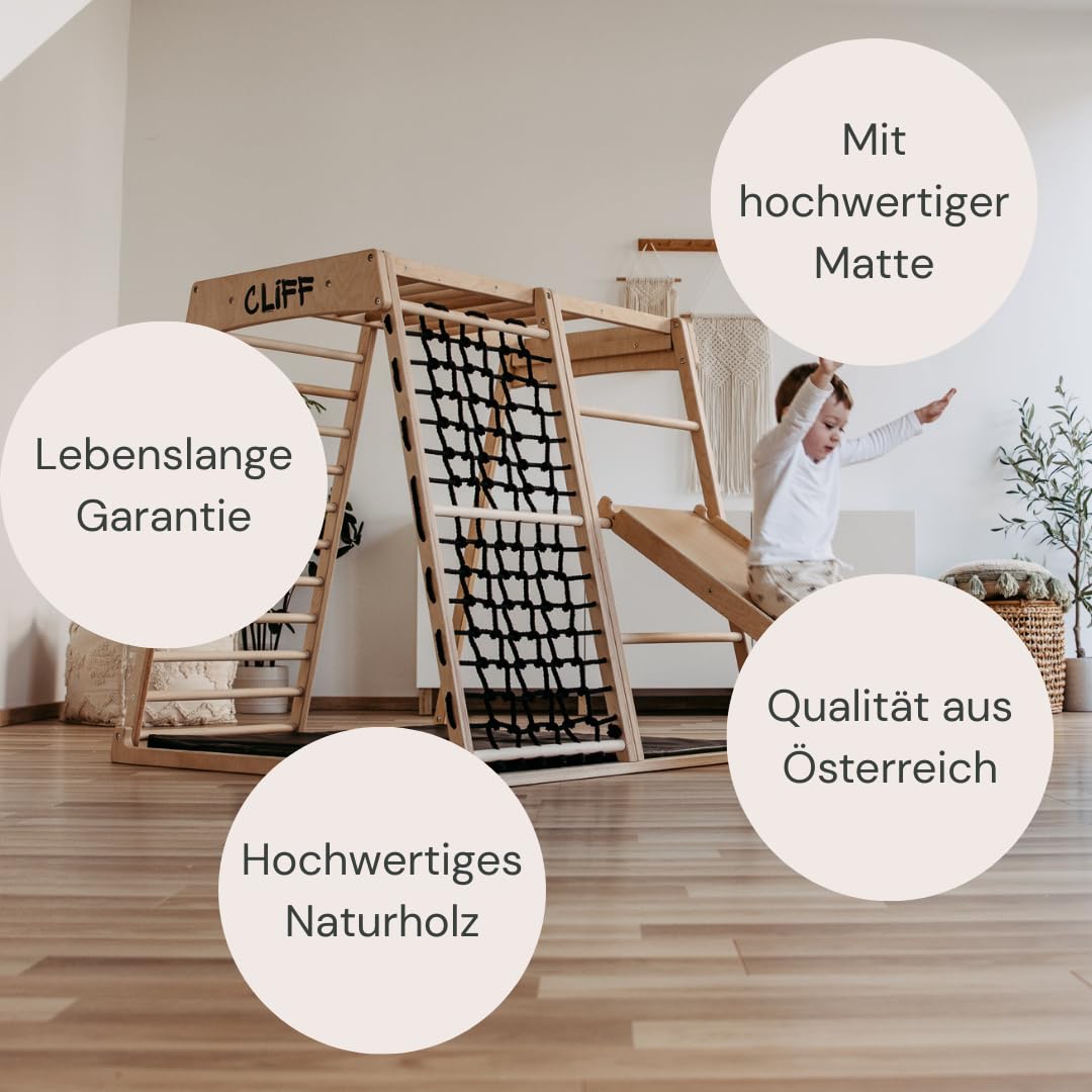 CLIFF (KIDWOOD) Montessori Klettergerüst – mit Matte für Kleinkinder, Indoor Spielzeug aus Naturholz, Sicher & Robust, Qualität aus Austria
