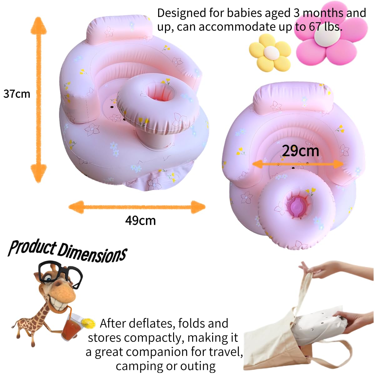 Baby Inflatable Seat for Babies 4-24 Months Built in Air Pump Infant Back Support Sofa Toddler Chair for Sitting Up Baby Shower Chair Outdoor Seat Floor Seater Gifts (Pink Flower Tray) - Image 2