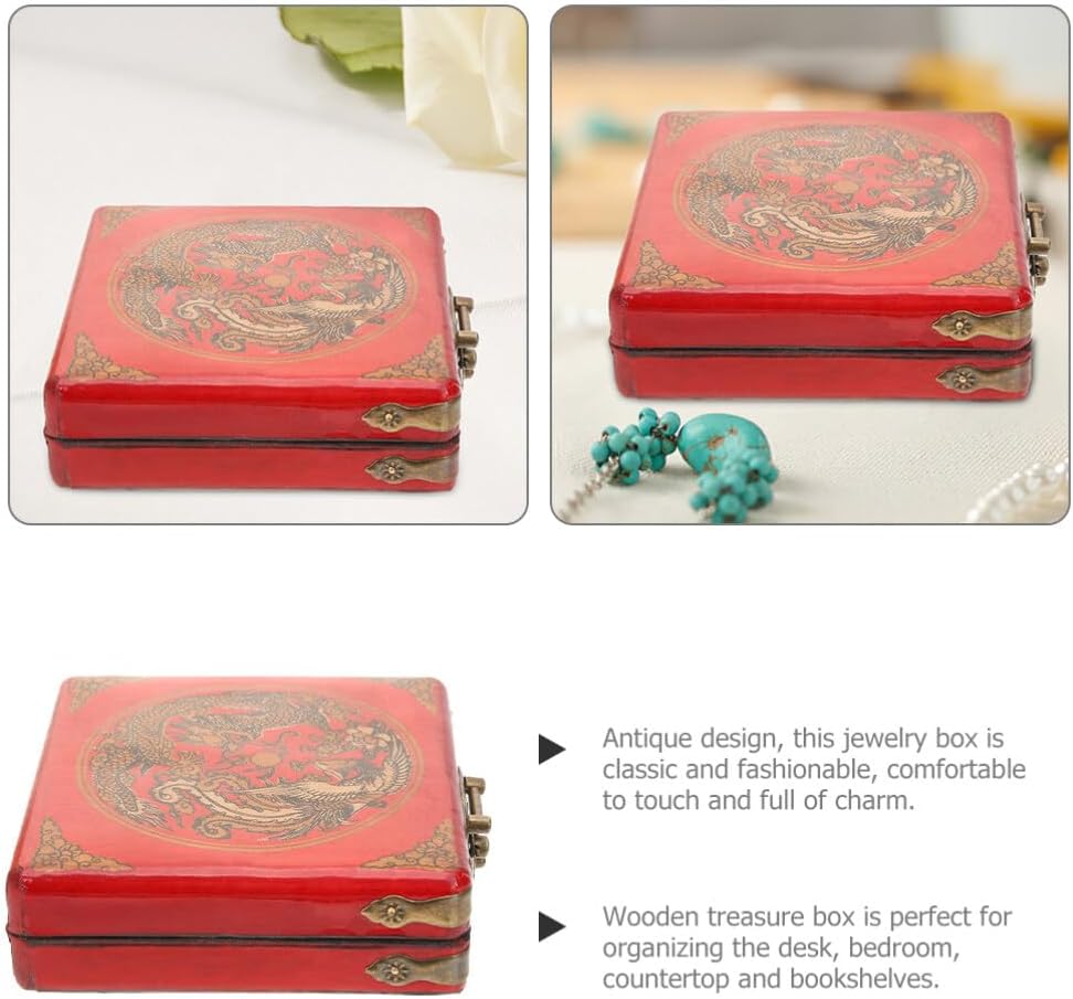 OSALADI Chinese Jewelry Box Handmade Vintage Jewelry Organizer Wooden Box Antique Trinket Case Dragon Bangle Container Bracelet Holder for Women Treasure Earring