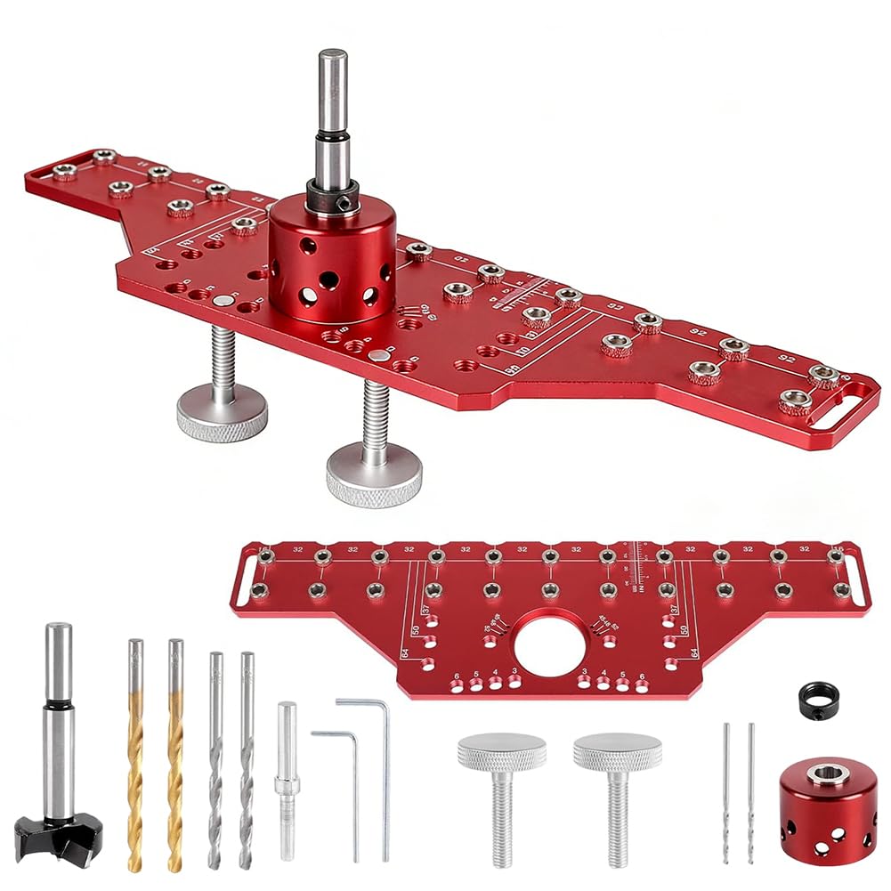 Szablon do wiercenia 2 w 1, wspornik półki i taśma doniczkowa 35 mm – aluminiowy szablon do wiercenia z tulejami prowadzącymi 5 mm/6,25 mm, raster 32 mm, w zestawie wiertło 5 mm i 6 mm – precyzyjne