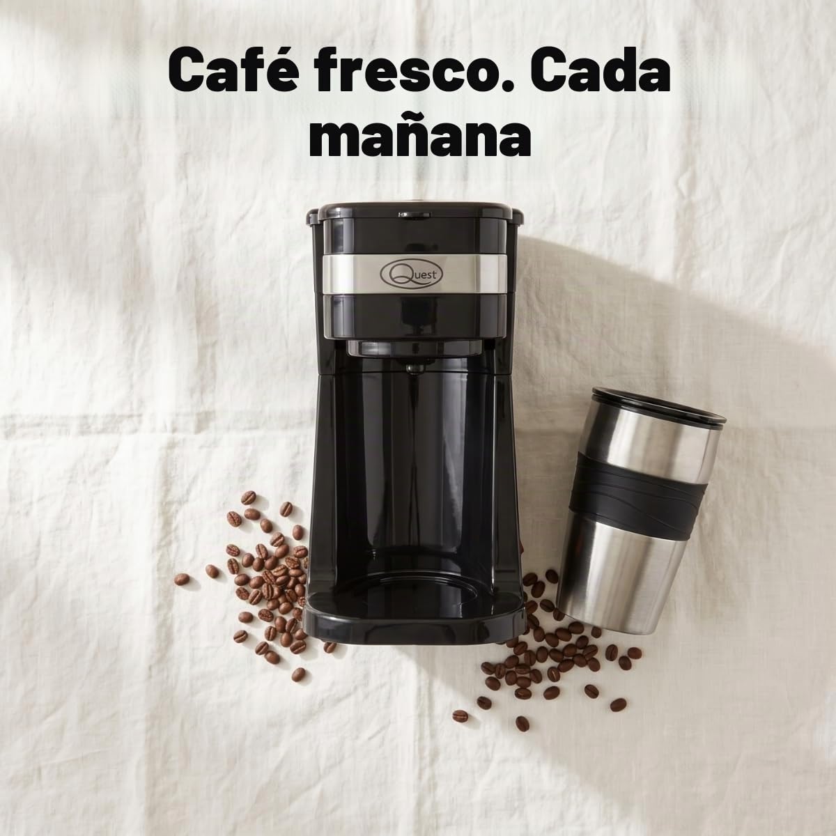 Quest 35189 - Cafetera de filtro portátil, capacidad de 420 ml, taza térmica de viaje incluida, funciona con café molido y cápsulas de café, espresso instantáneo y más