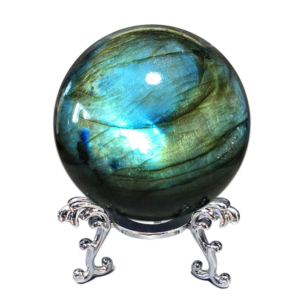 SONGZEMNatural labradorite sphere rock quartz crystal ball healing ornament specimen + pedestal (300g)