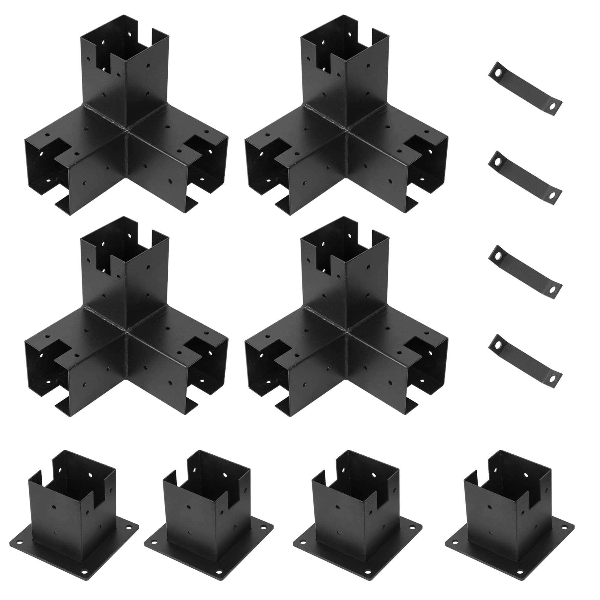 NATUERIN Pergola Brackets 4 x 4–4-Pcs 3-Way Corner Brackets, 4-Pcs Base Brackets, Screws and Bolts – Durable Steel Pergola Kit – Ideal for Wood Stand Pergolas, Gazebo, Garden