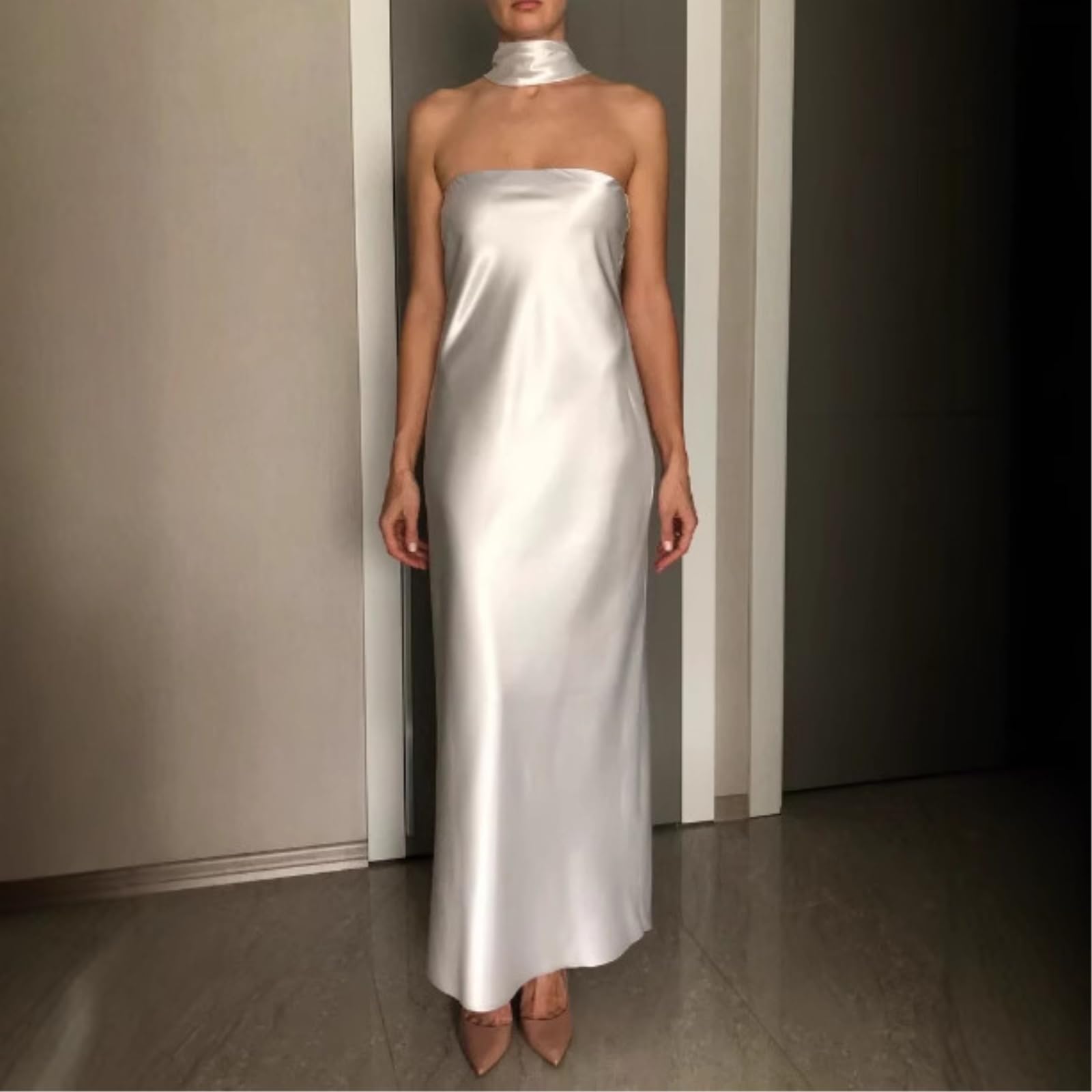 GFZMF - Vestito da donna in raso con spalline sottili, vita alta, linea ad A, cravatta laterale, abito midi per serate, matrimoni, ospiti, vacanze estive