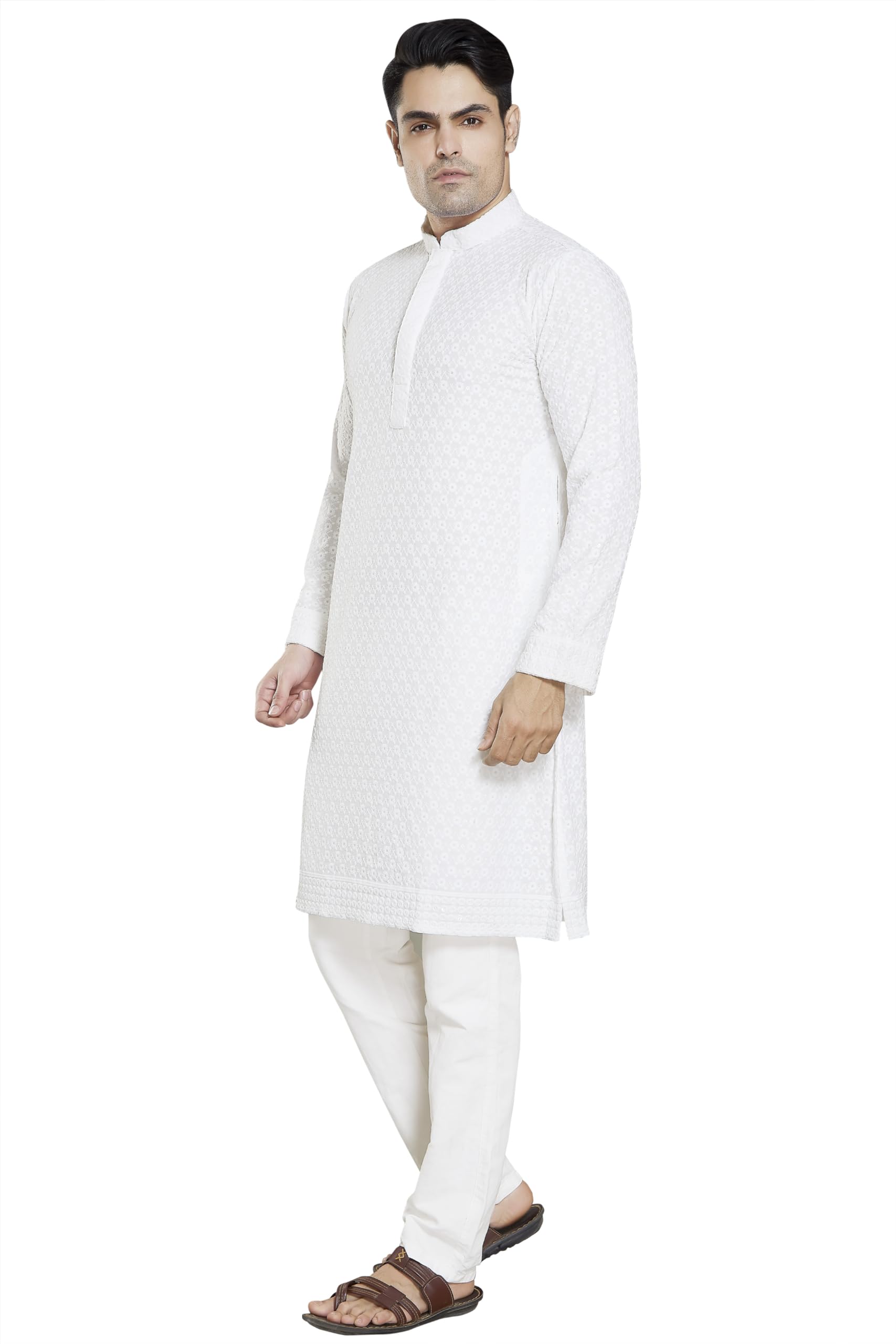 Divisive Men's Sequince Embroidered Cotton Blend Slim Fit Kurta Pyjama Set (Dkrt36_M_White)