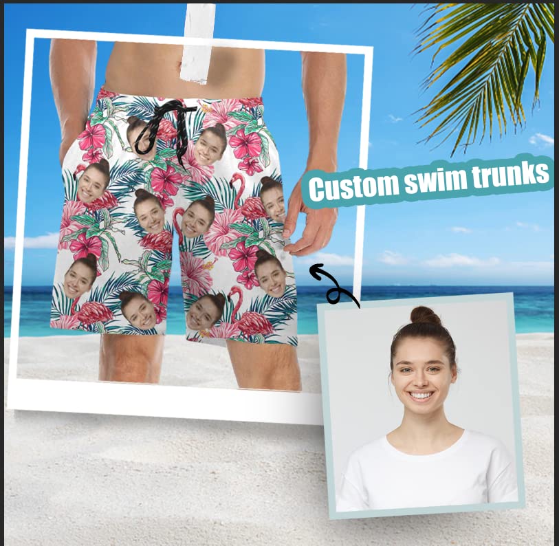 Custom Flamingo Men's Swim Trunks with Face Personalized Board Shorts for Men,Beach Swim Shorts Summer Swimwear Photo Gifts3