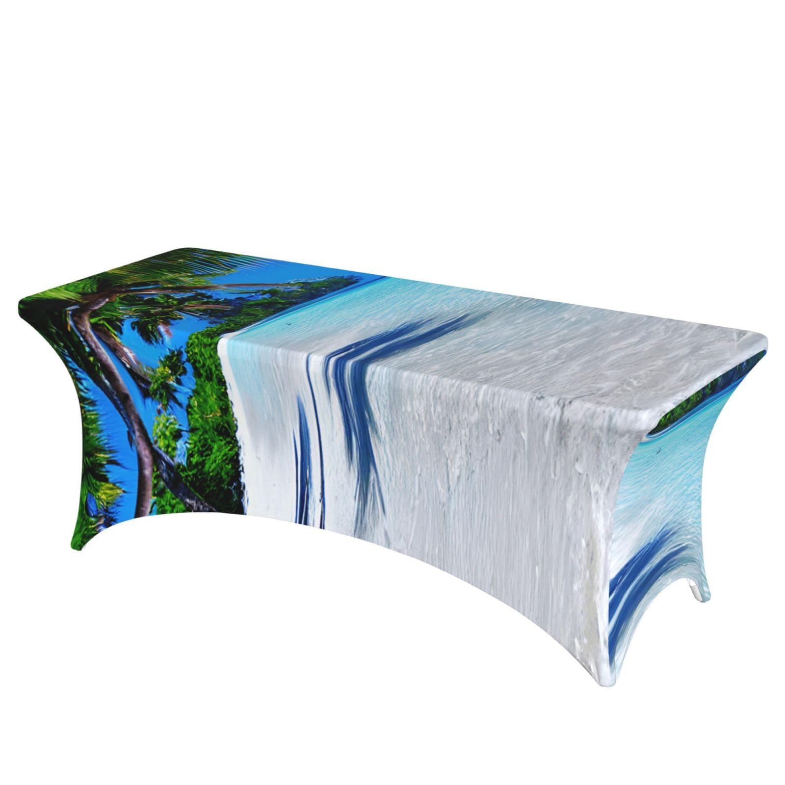 NImongt Tropical White Sand Beach And Ocean Print Elastic Rectangular Tablecloth Holidays Family Banquet Wedding Party Table Cover