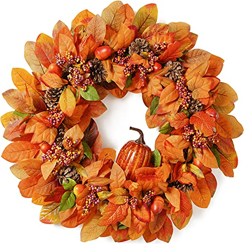 MIENNES 26" Fall Wreath for Front Door, Handcrafted Fall Decor with Storage Box, Boxwood Base, Fall Decorations for Home, Ideal Fall Porch Decor for Autumn & Halloween & Thanksgiving Day, Pumpkin