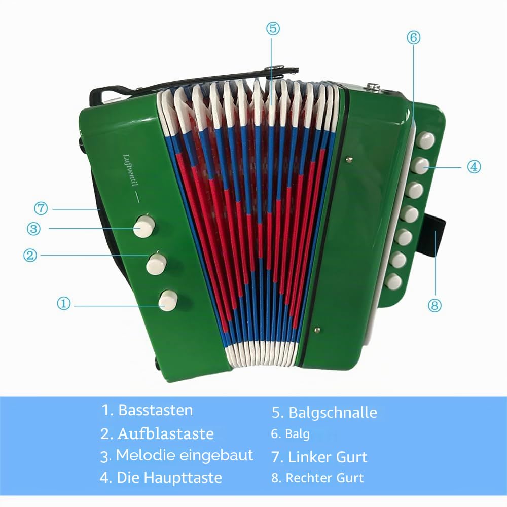 Btuty Akkordeon 7 Tasten 2 Bass Musikinstrument ABS Material für Anfänger Knopfakkordeon Leichte Hand-Augen-Koordination Leistung auf der Bühne (roheline)