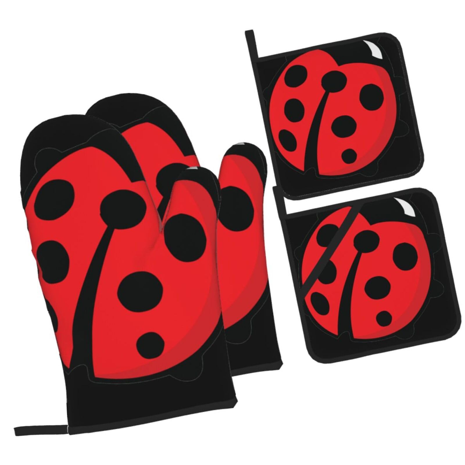 Cartoon Ladybug Printed Oven Mitts and Pot Holders Heat Resistant Set of 4 Pcs, Modern Kitchen Gloves & Potholders for Cooking Baking Grilling