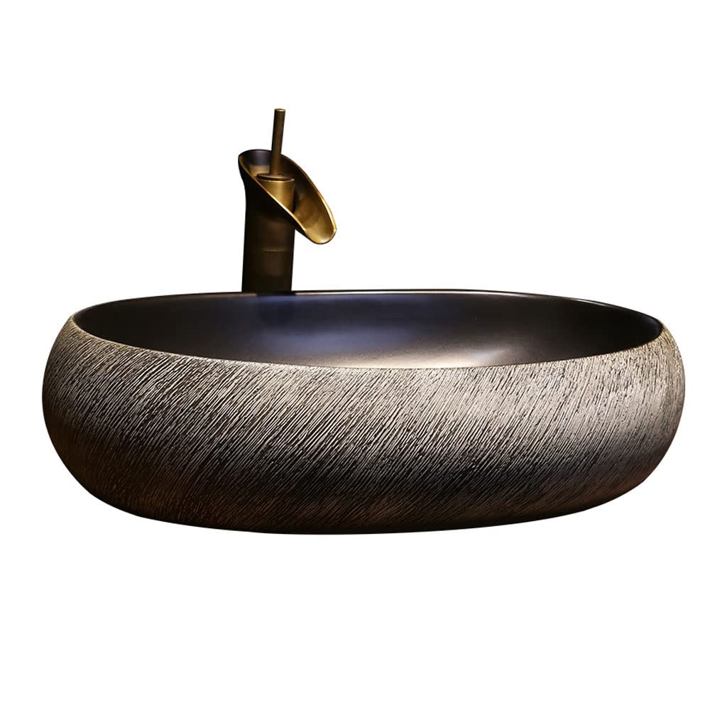 ADERFETBI Bathroom Sink Bathroom Vessel Sink Oval Ceramic Washbasin Vintage Art Countertop Basin Utensils with Faucet