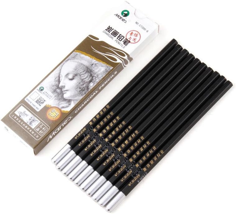 Maries 12Pcs/Box Soft/Neutral/Hard Non-Toxic Charcoal Pencil Black Sketch Drawing Pencils for School C7300-6 (Soft)