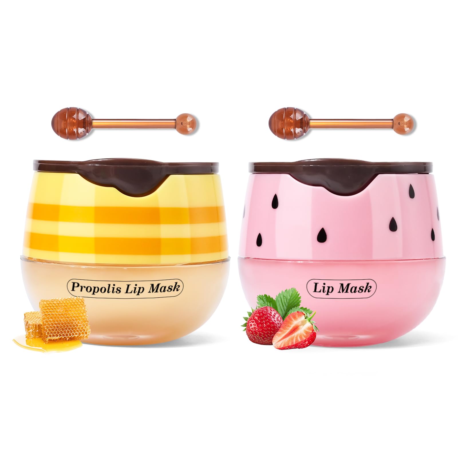 Honey+Strawberry Balm Lip Mask Set, Moisturizing Lip Mask for Day&Night Lip Care, Lighten Dark Lip Color Reduce Lip Lines&Wrinkle, Lip Repair Exfoliator Moisturizer