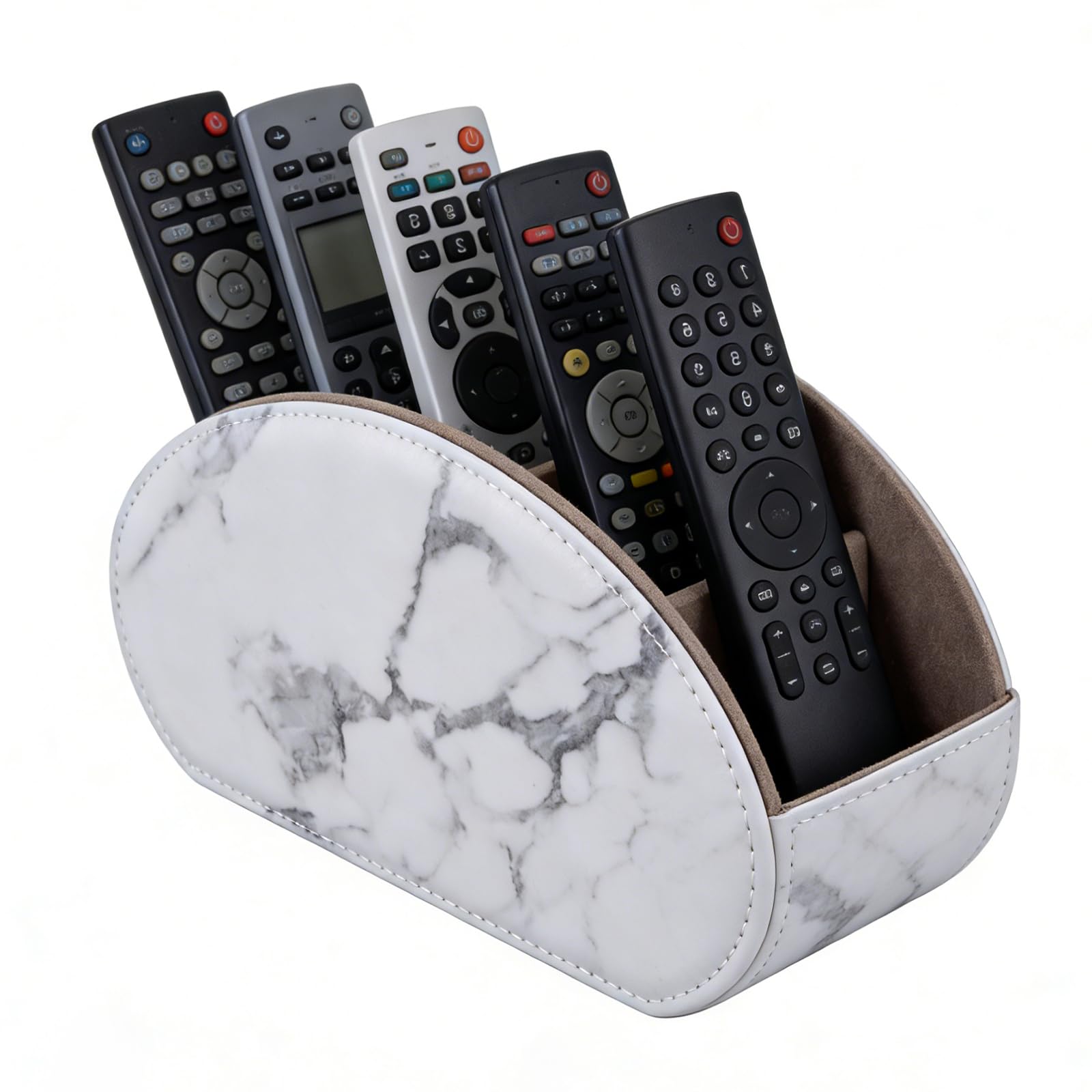 XNONE Remote Control Holder with 5 Compartments, PU Leather Multi-Functional Desk Organizer for TV Remote, Office Supplies, Makeup Brushes, Pen, Stationery Storage Caddy, White Marble