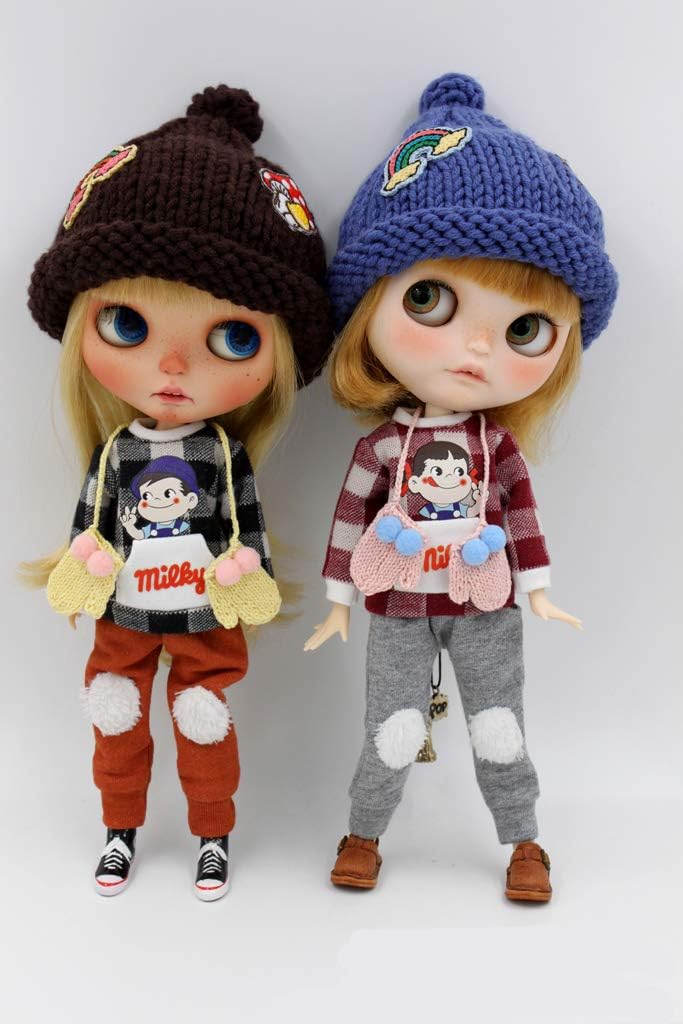 JBS-07 Milk Girl T - Shirt and Harlan Trousers with Hats Three-Piece Blythe Outfit (Orange+Grey)
