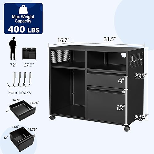 Miniatura 10 de Yizosh Archivador móvil de 3 cajones con cerradura, archivador negro debajo del escritorio, archivador con bloqueo de metal sobre ruedas para