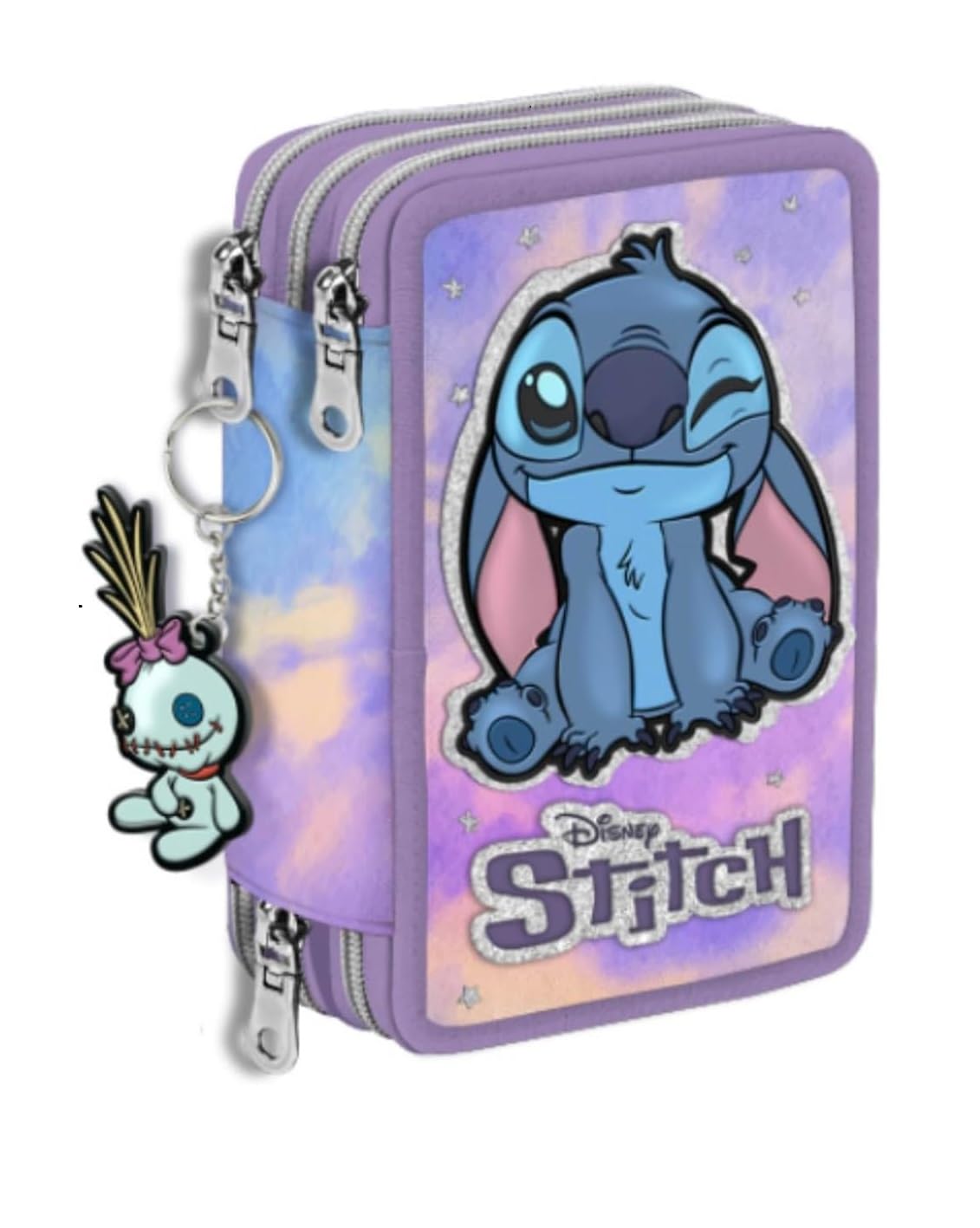 Estuche escolar Seven Stitch 3 pisos cremallera completo + llavero Stitch y doble juego de colores + Recambio 12 lápices y 12 rotuladores, multicolor, standard, Estuche