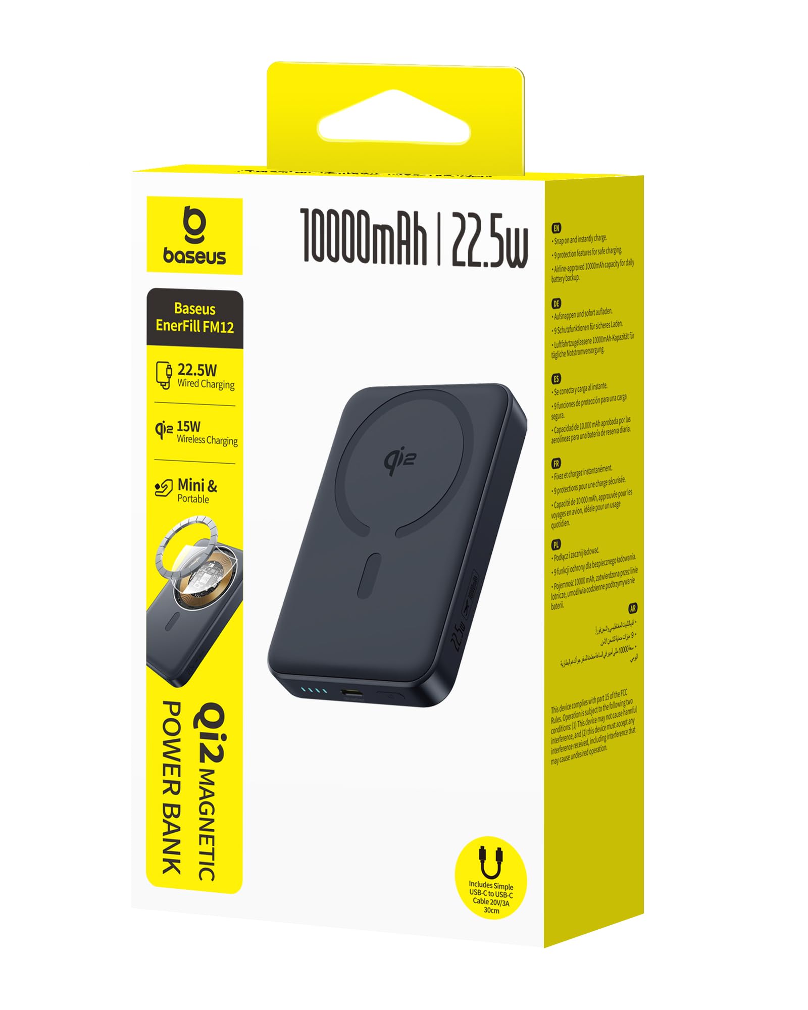 OS-FunderFill FM12 Qi2 Batterie externe magnétique 10 000 mAh 22,5 W Noir (un seul câble USB-C vers USB-C, 20 V/3 A, 30 cm, noir)