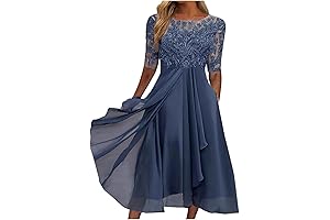 Bridesmaid Evening Dress Womens Elegant Chiffon Lace Patchwork Short Sleeve Waist Irregular Hem Cocktail Dress