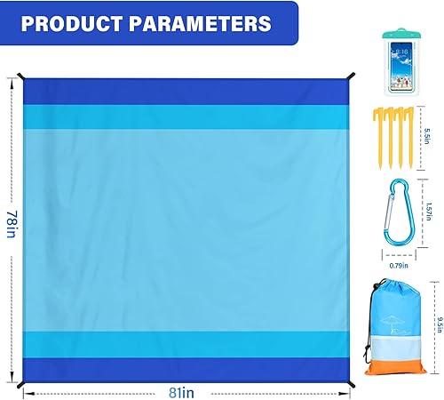 Miniatura 7 de Manta de playa de gran tamaño extra grande 78 x 81 pulgadas, manta de playa impermeable a prueba de arena para 1-7 adultos, ligera y duradera para