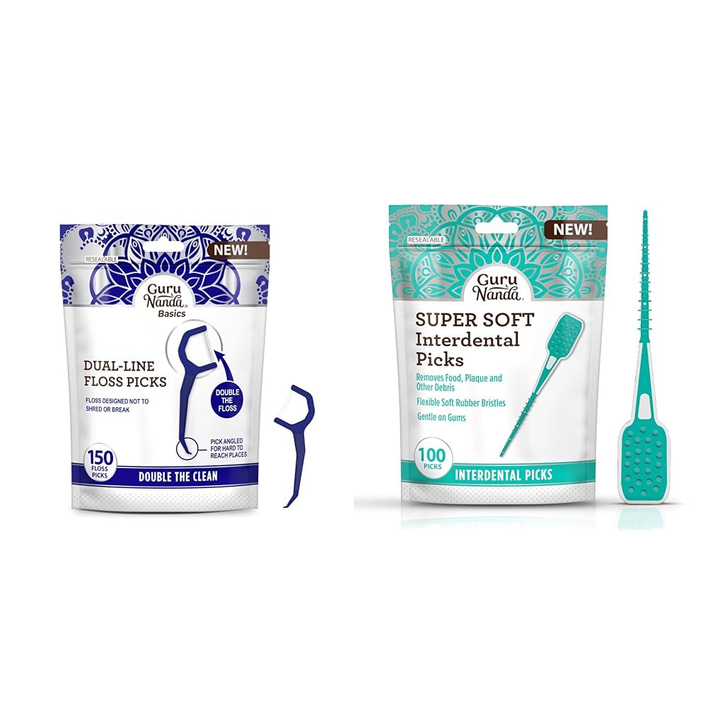 GuruNanda Dual Line Floss Picks 150 ct Interdental Picks 100 ct - Double-Threaded Dyneema Floss with Angled Pick
