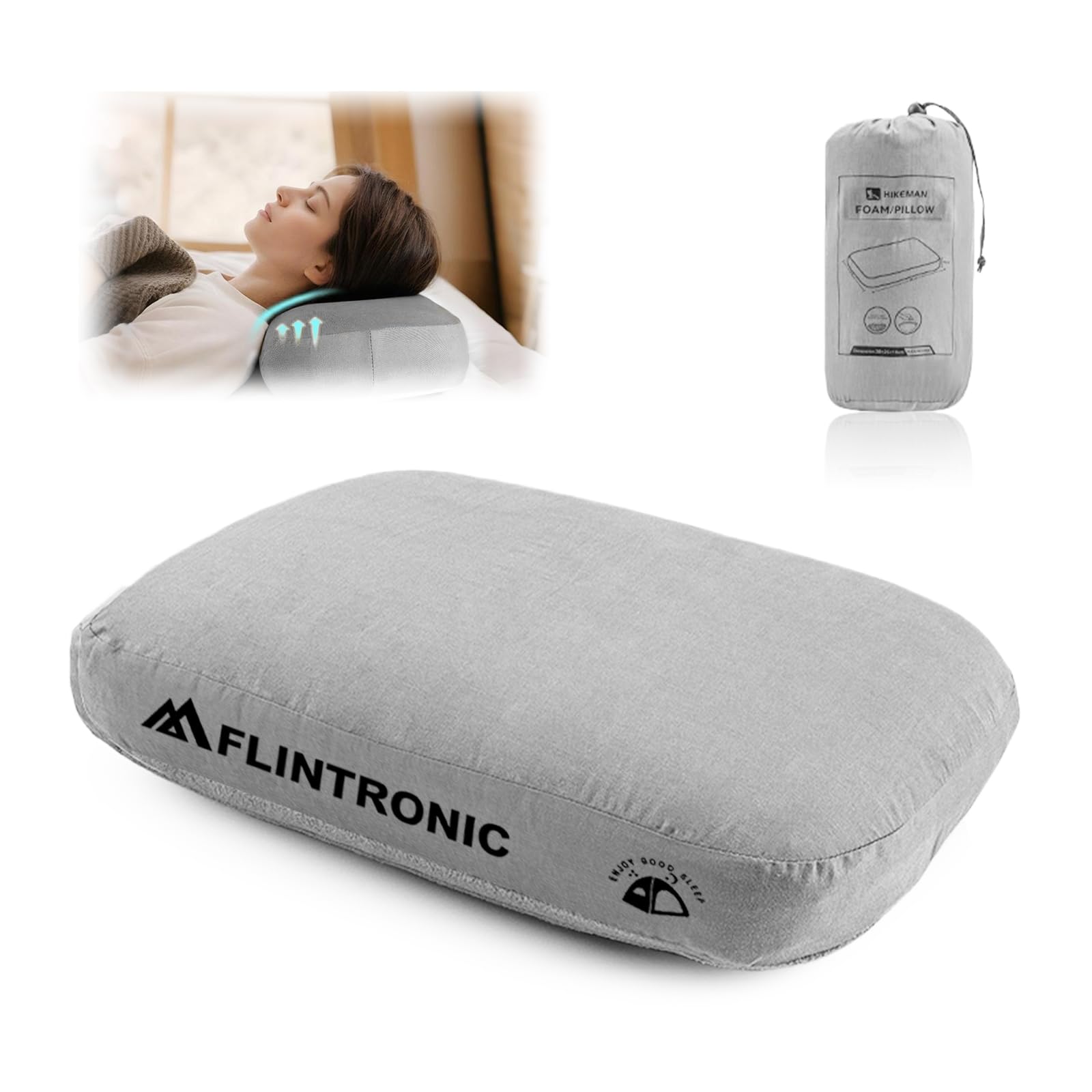flintronic Poduszka kempingowa, poduszka z pianki z pamięcią kształtu, ze zdejmowaną poszewką, ultralekka poduszka podróżna, podparcie szyi, wygodna, ergonomiczna, na kemping, do biura, samochodu, na