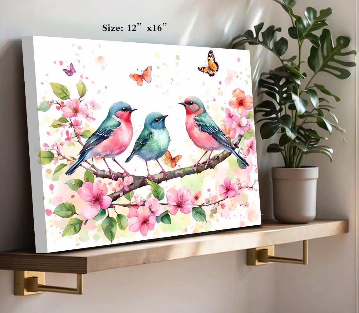 Framed Watercolor Birds Wall Art Prints,Country Flower Bird Pictures Wall Decor Colorful Flower Bird Pictures Art for Bathroom Bedroom Living Room Office Decorations12 x16