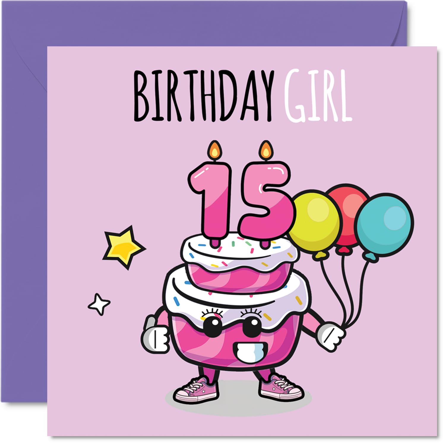 15th Birthday Cards for Girls, Birthday Cake Girl Balloons