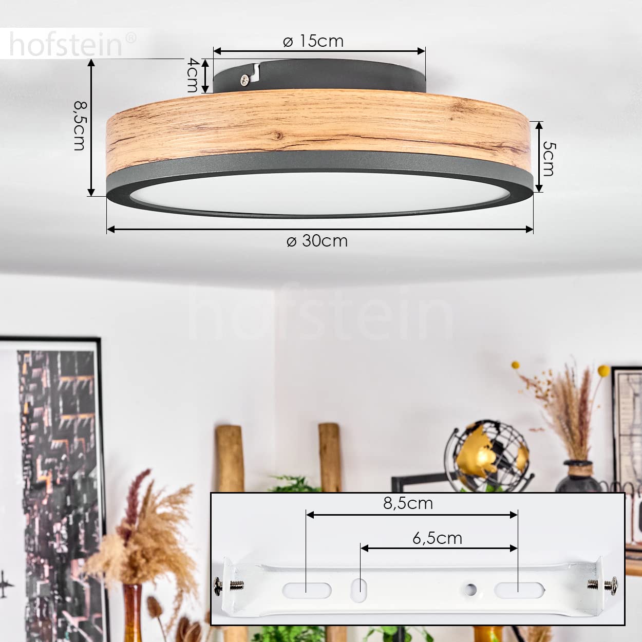 HOFSTEIN LED Deckenleuchte Salmi, Deckenpanel aus Metall/MDF/Kunststoff in Anthrazit/Holzoptik/Weiß, Leuchte im flachen Design, Ø 30 cm, 12 Watt, 950 Lumen, 3000 Kelvin, Esszimmer, Küche, Schlafzimmer