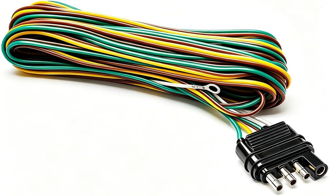 25ft 4 Wire 4-Flat Trailer Light Wiring Harness Extension Kit, Trailer Wiring Harness with 18 Gauge White Ground Wire for Trailers O-016