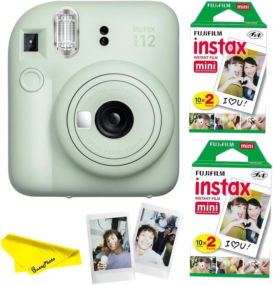Fujifilm Instax Mini 12 Instant Camera Bundled with Instax Mini Instant Films (2 Twin Packs) and BuzzPhoto Microfiber Cleaning Cloth (Mint Green)