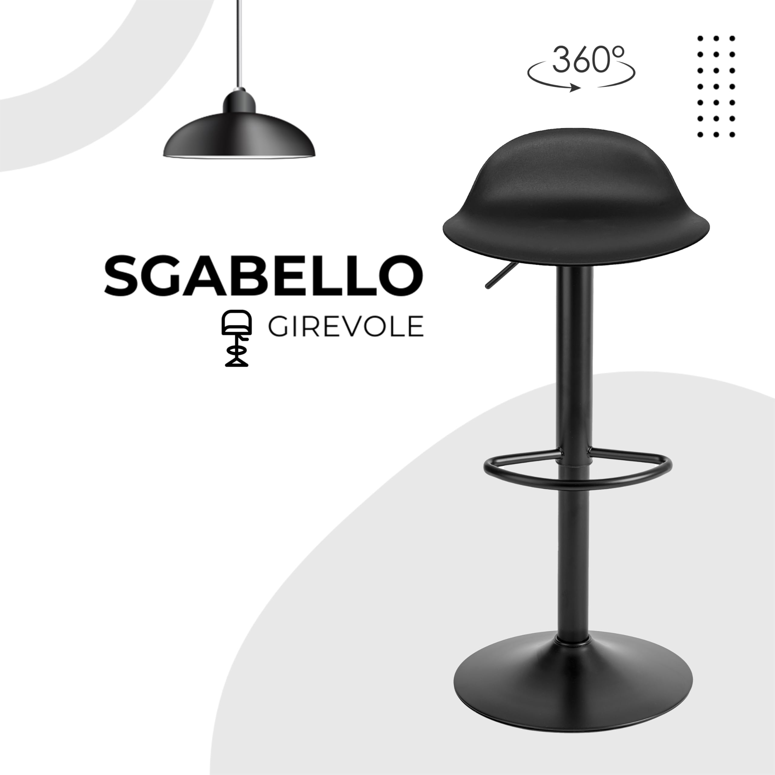 Baroni Home Sgabello Girevole con Altezza Regolabile, Fondo Antigraffio e Poggia Piedi, Per Cucina, Ristorante e Bar, Leggero e Montaggio Facile, 40x40x64-86 cm, 1 Pezzo, Nero